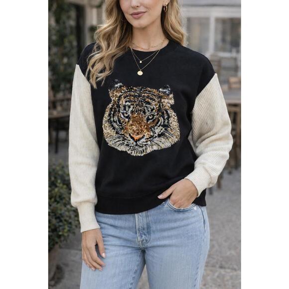 Honey&Sparkle Tops - Honey & Sparkle Sequin Tiger Pullover Black & Cream Sweater Size Medium